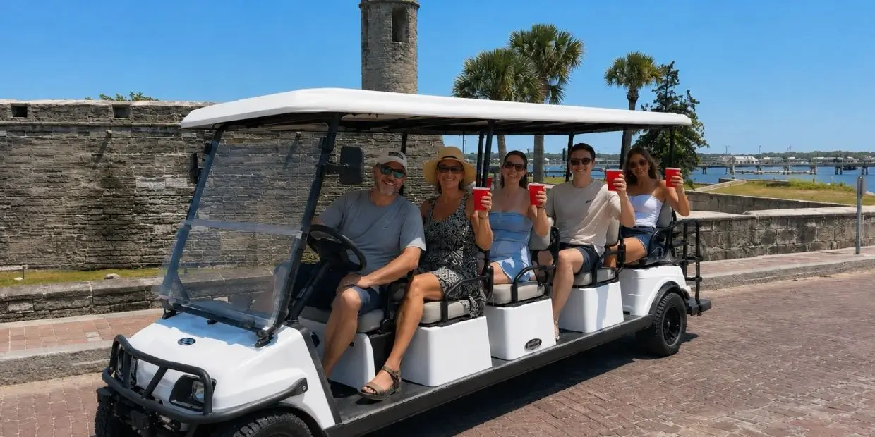 Guests waving and enjoying an Old City Shuttle golf cart tour past the Castillo de San Marcos in St. Augustine