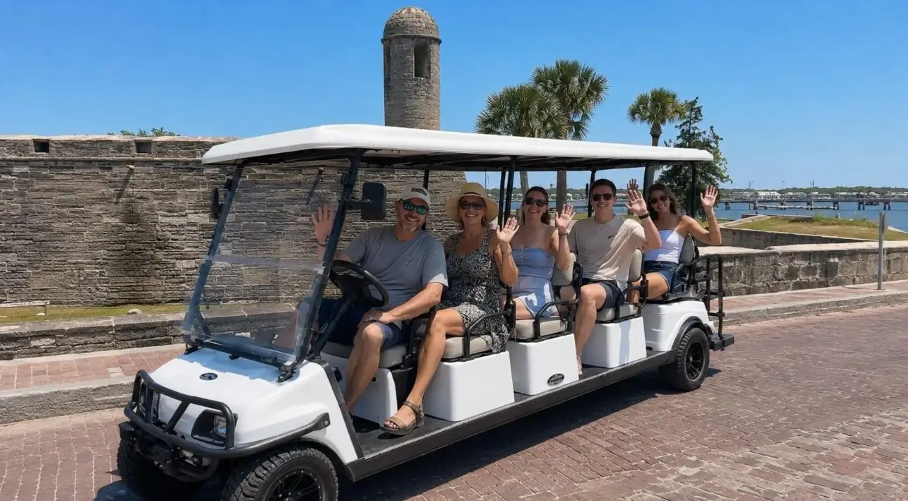 Guests riding an Old City Shuttle golf cart through St. Augustine's historic district